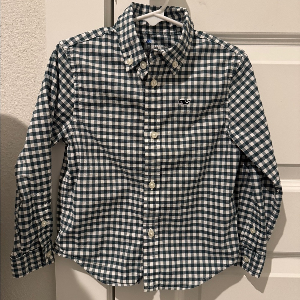 Vineyard Vines Boys Button-Down Shirt – 3T – Green Gingham – Whale Logo